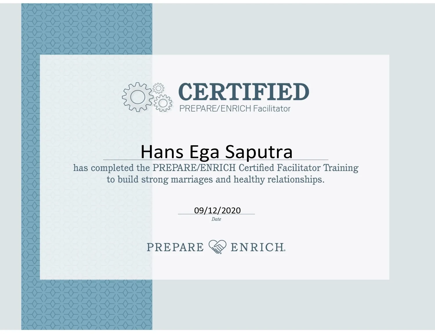 Sertifikat PREPARE/ENRICH Certified Facilitator atas nama Hans Ega Saputra, tertanggal 9 Desember 2020